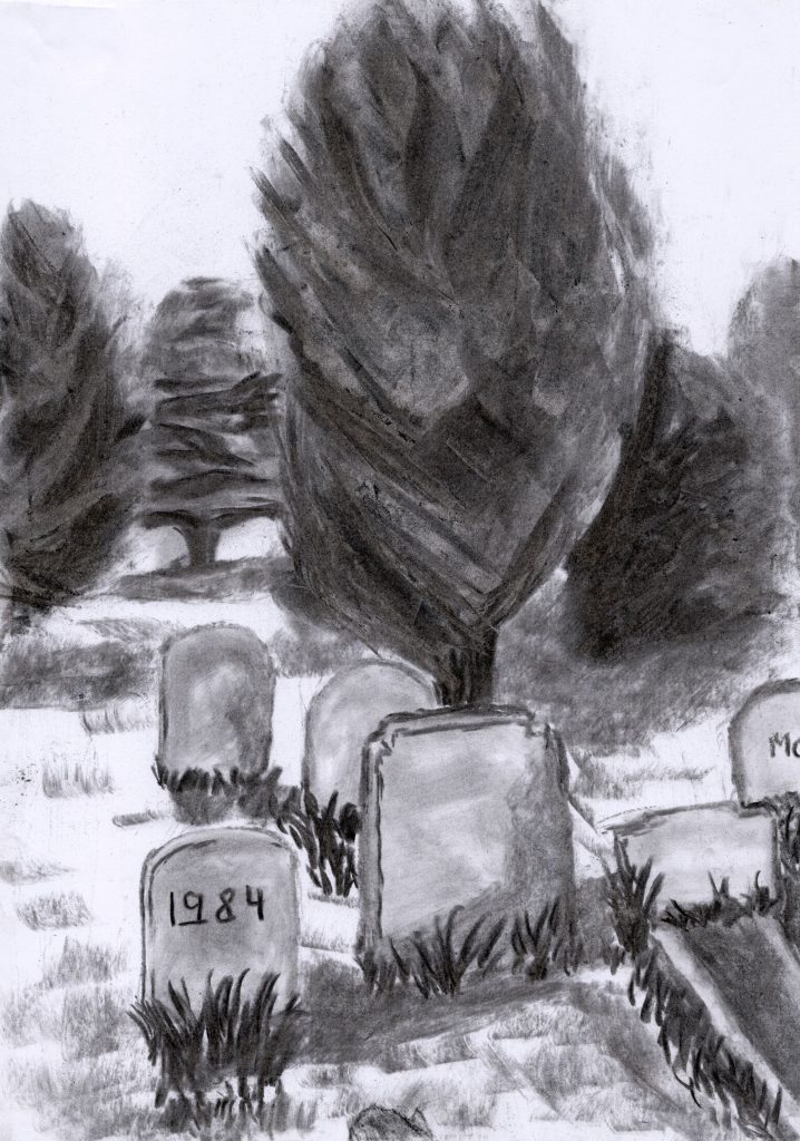 Charcoal drawing of George Orwell grave in Sutton Courtenay graveyard churchyard.