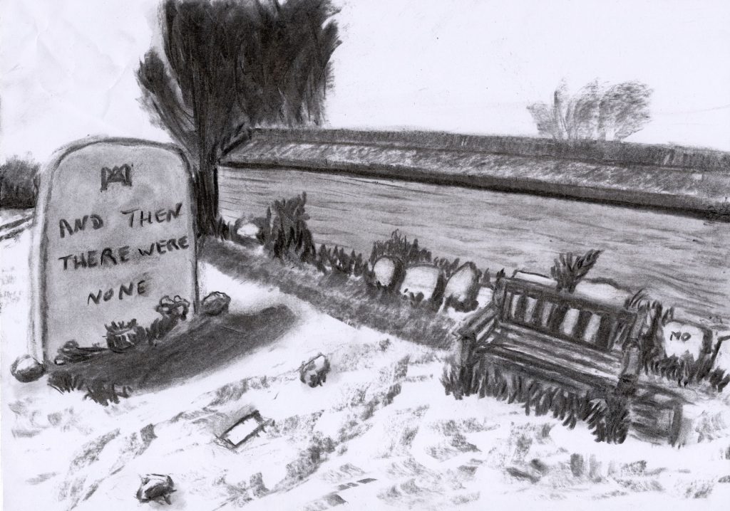 Charcoal drawing of Agatha Christie (Mallowan) grave in Cholsey graveyard churchyard.