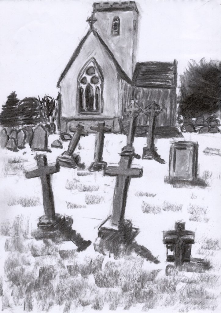 Charcoal drawing of Cholsey graveyard churchyard.