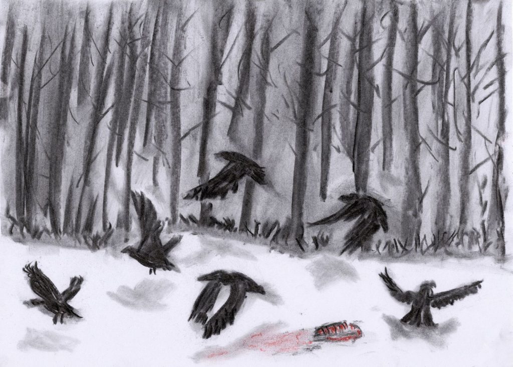 Drawing in charcoal and soft pastel on paper of a murder of crows flying away from an animal carcass in the forest