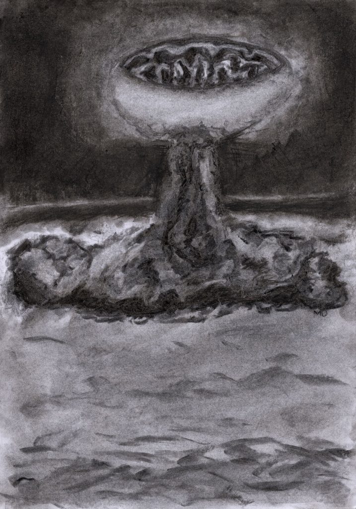 Charcoal drawing of a nuclear mushroom cloud with a mitochondria as a mushroom head.