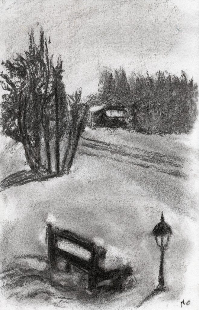 charcoal drawing of a place in Lapland during winter with a bench full of snow
