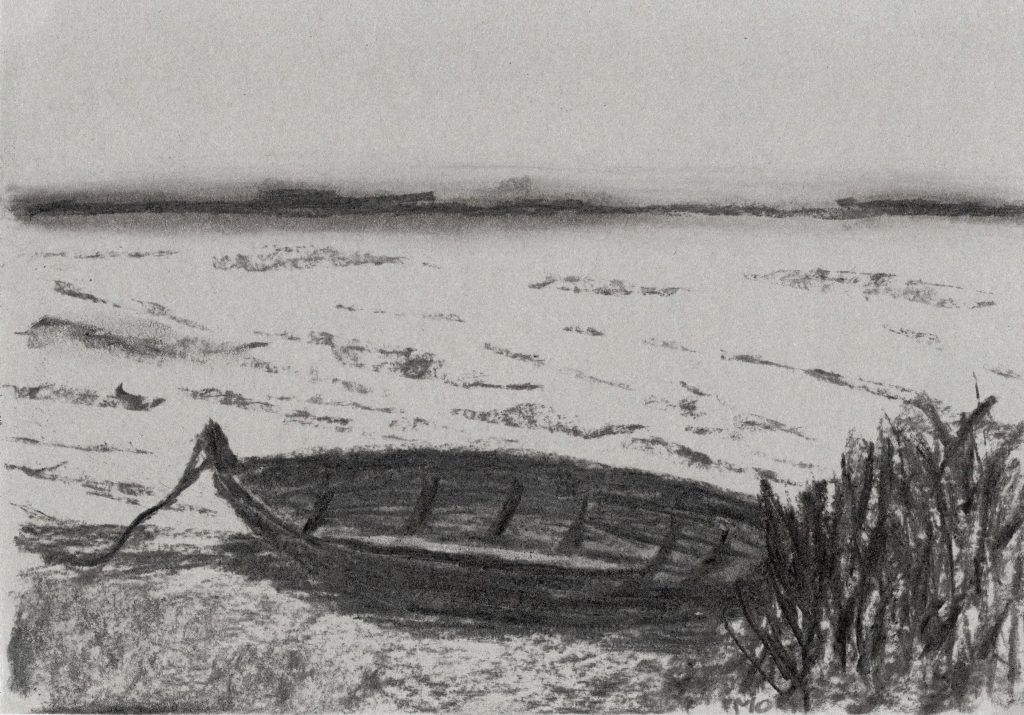 charcoal drawing of a empty small wooden boat left abandoned on a sea shore