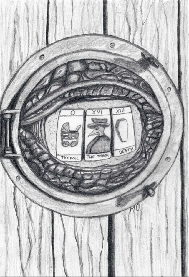 Drawing in graphite pencil on paper of a porthole with lizard eyes and tarot cards.