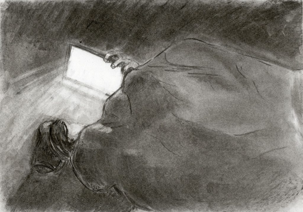 Charcoal drawing of myself looking at my bright phone before sleeping.