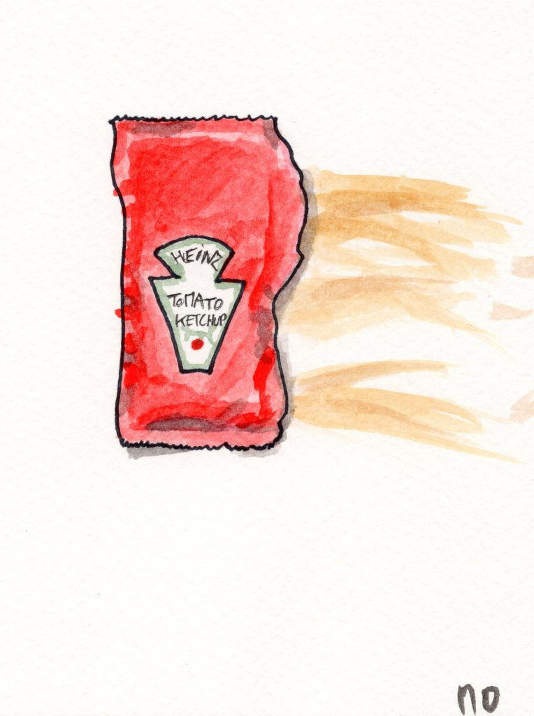 Watercolor and ink painting of a splashed Heinz tomato ketchup bag.